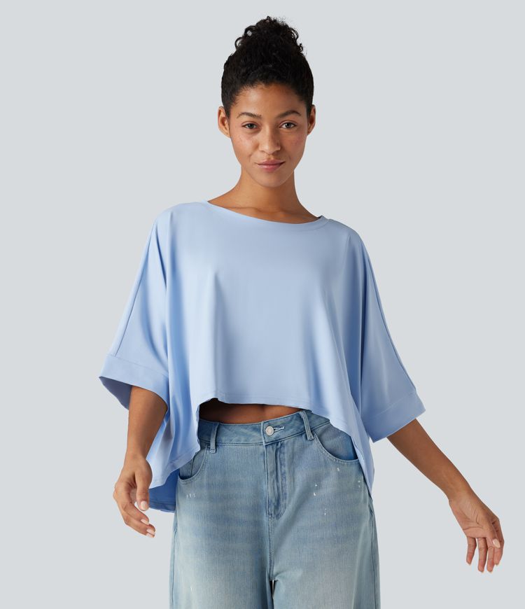 Rundhalsausschnitt, Fledermausärmel, High-Low-Saum, locker-lässiges Casual-T-Shirt