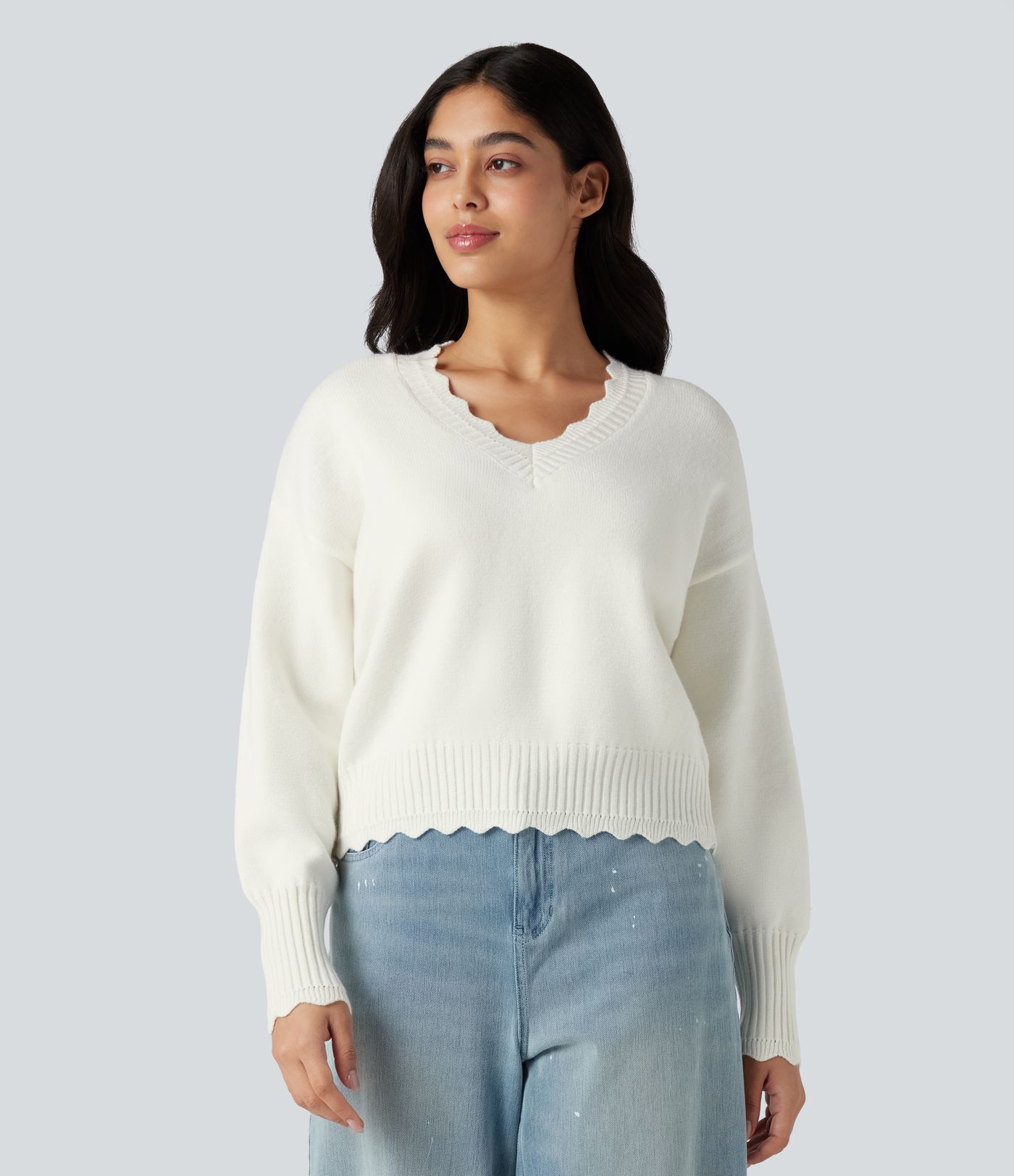 V-neck Long Sleeve Scallop Trim Casual Jumper