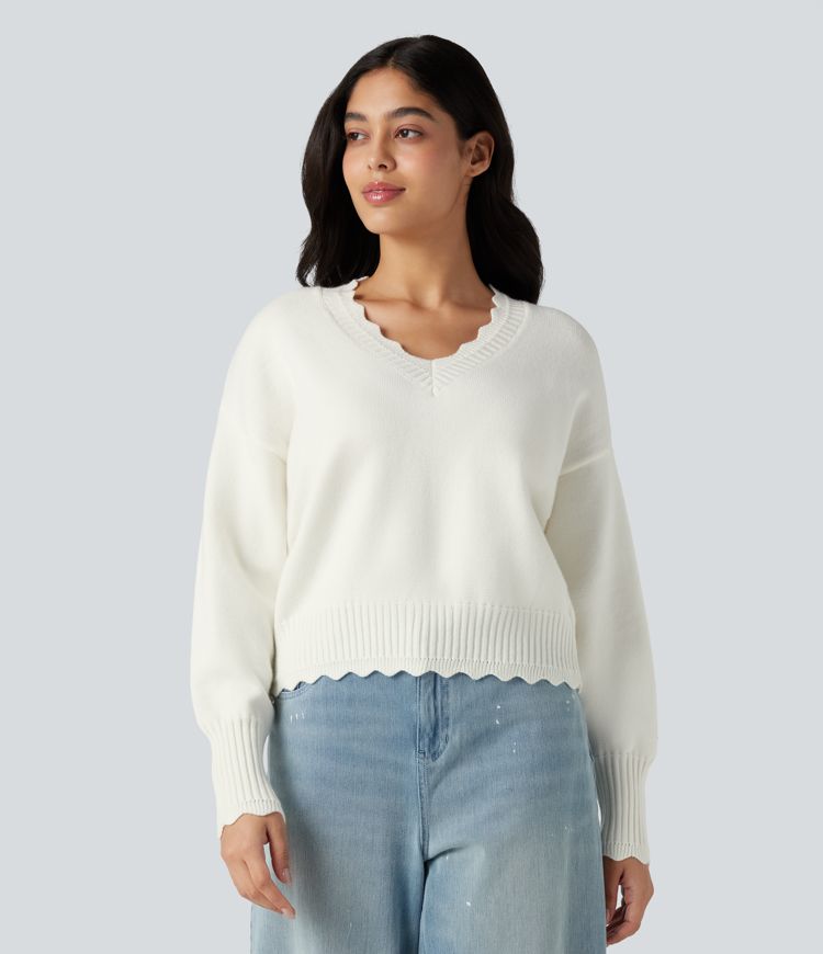 V-neck Long Sleeve Scallop Trim Casual Jumper