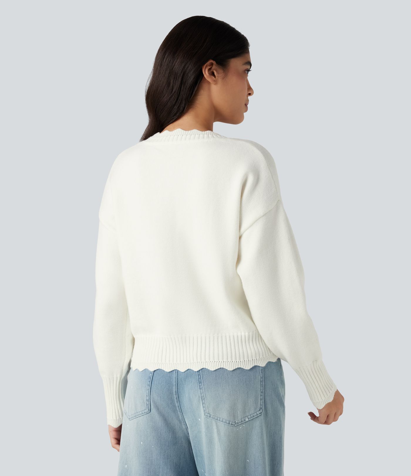 V-neck Long Sleeve Scallop Trim Casual Jumper