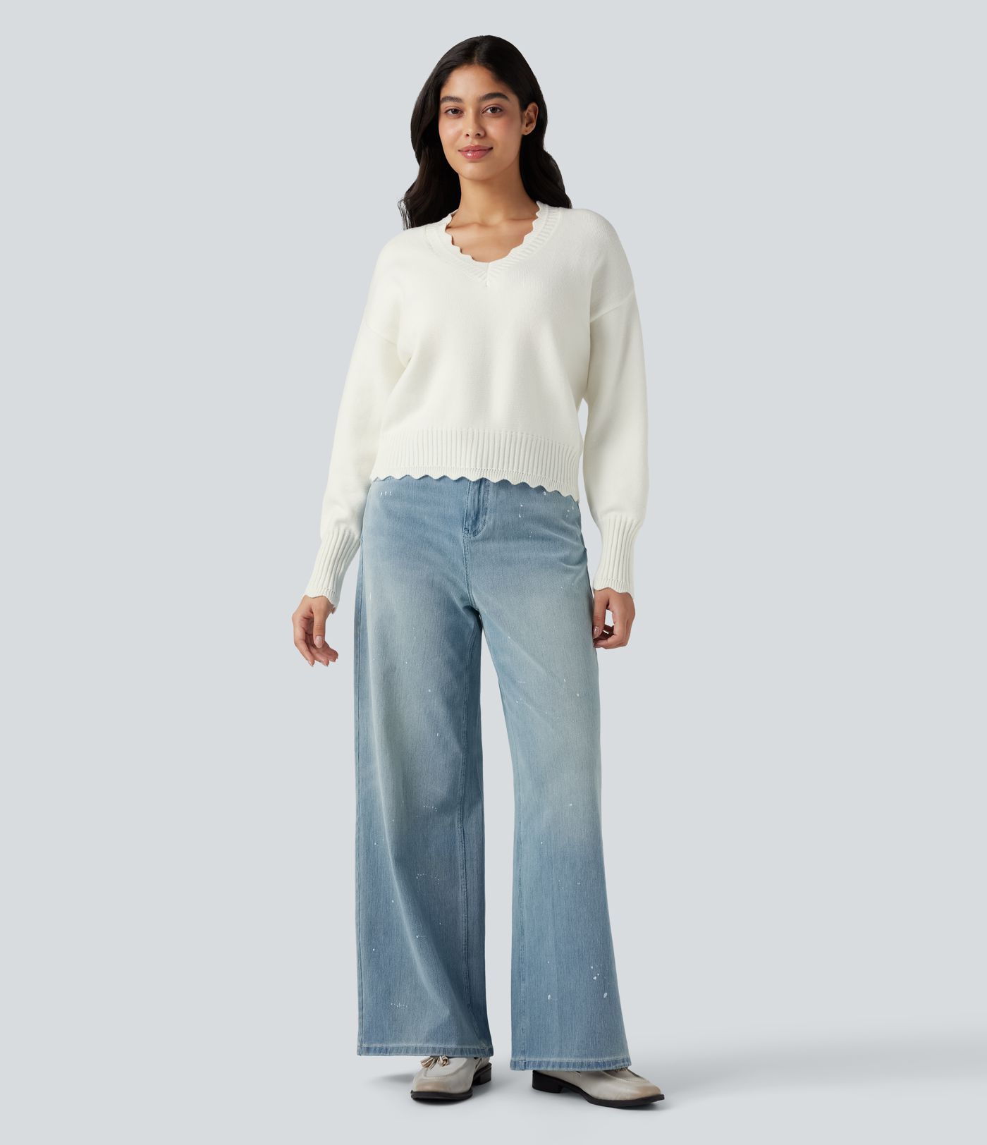 V-neck Long Sleeve Scallop Trim Casual Jumper