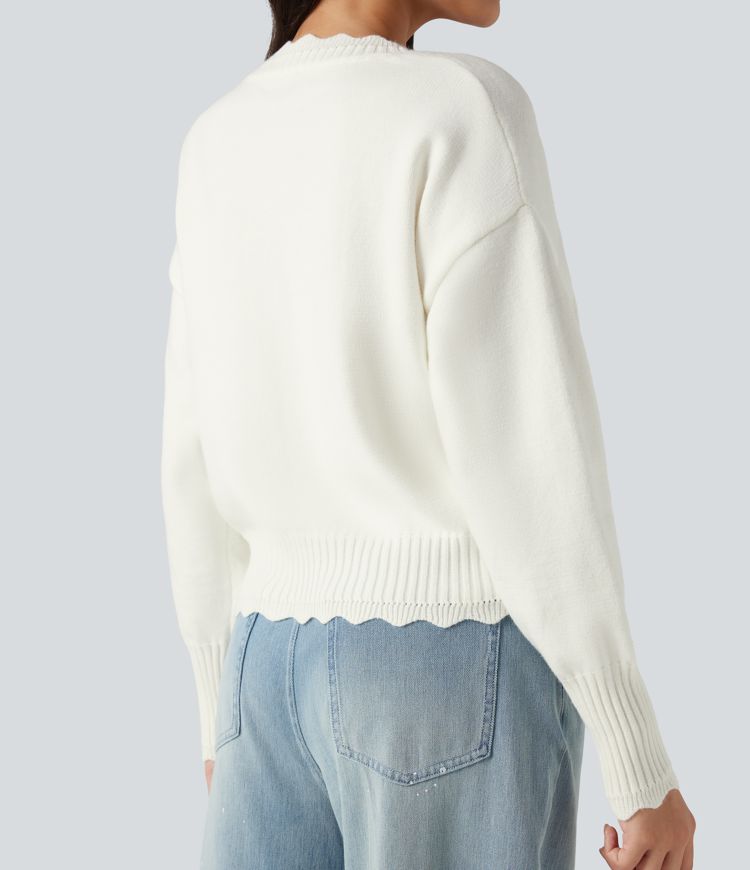 V-neck Long Sleeve Scallop Trim Casual Jumper