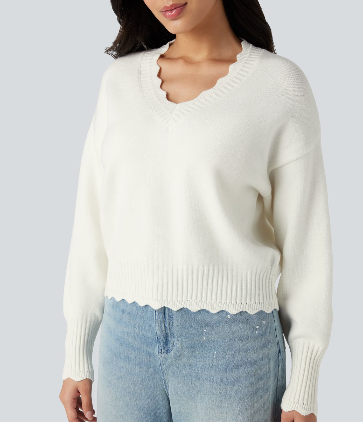 V-neck Long Sleeve Scallop Trim Casual Jumper