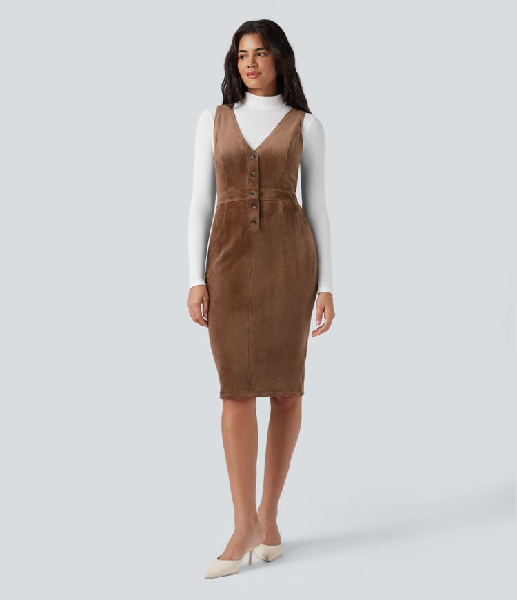 V-neck Sleeveless Fleece Corduroy Casual Pinafore Dress