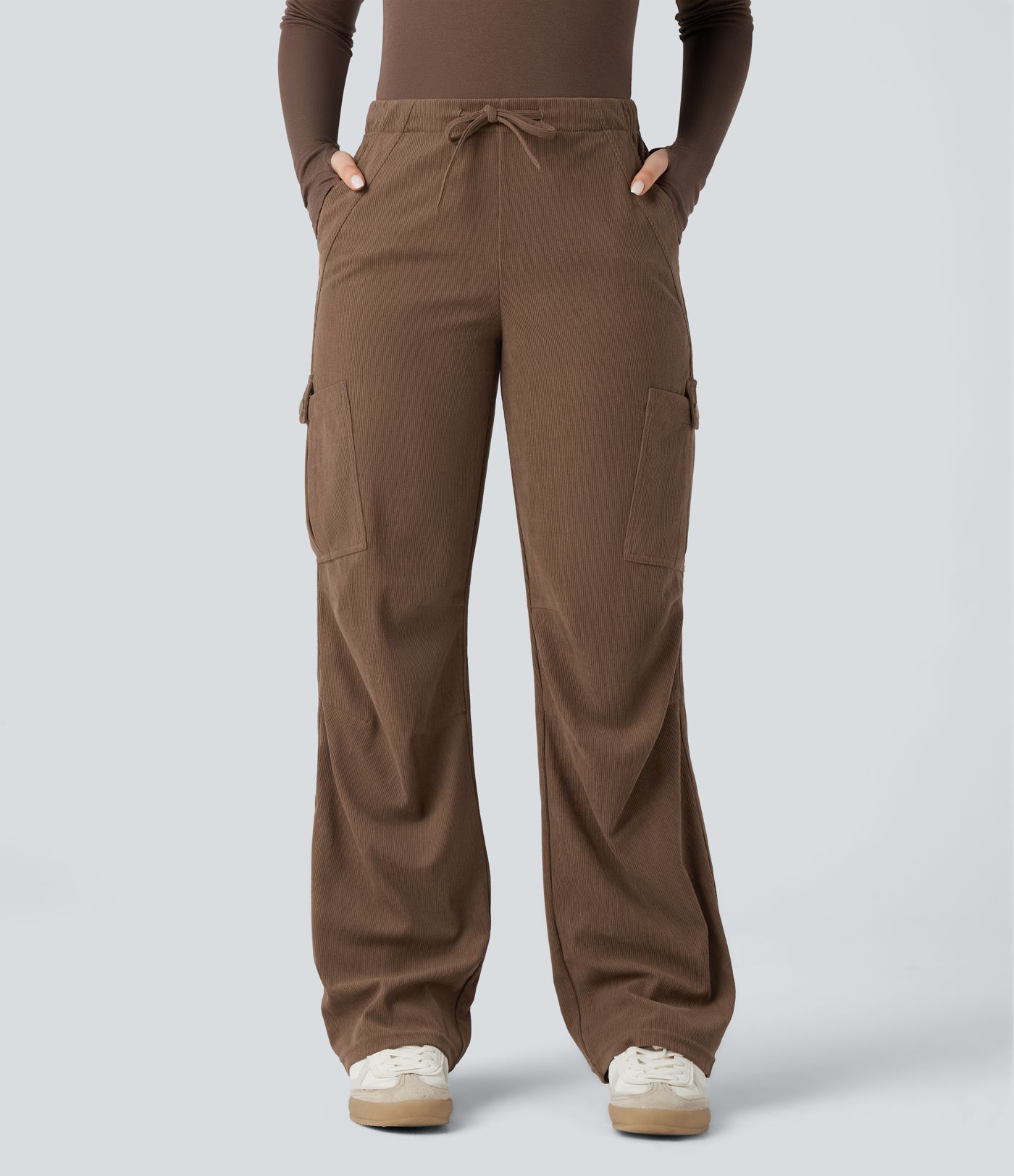 Mid Rise Drawstring Corduroy Casual Straight Leg Cargo Pants with Pockets