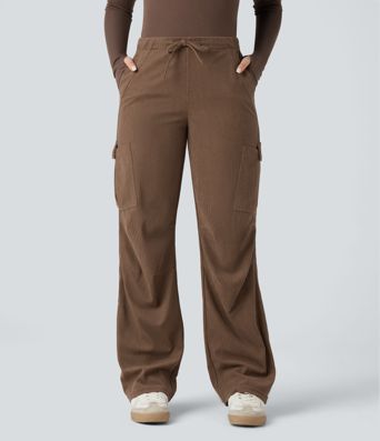 Mid Rise Drawstring Corduroy Casual Straight Leg Cargo Pants with Pockets