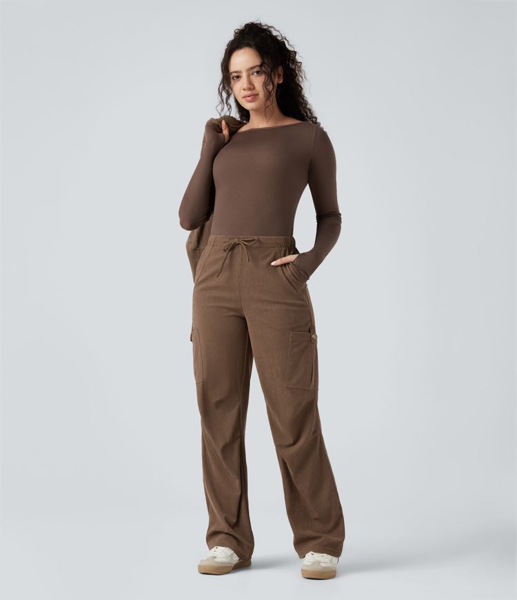 Mid Rise Drawstring Corduroy Casual Straight Leg Cargo Pants with Pockets