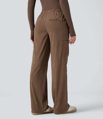 Mid Rise Drawstring Corduroy Casual Straight Leg Cargo Pants with Pockets