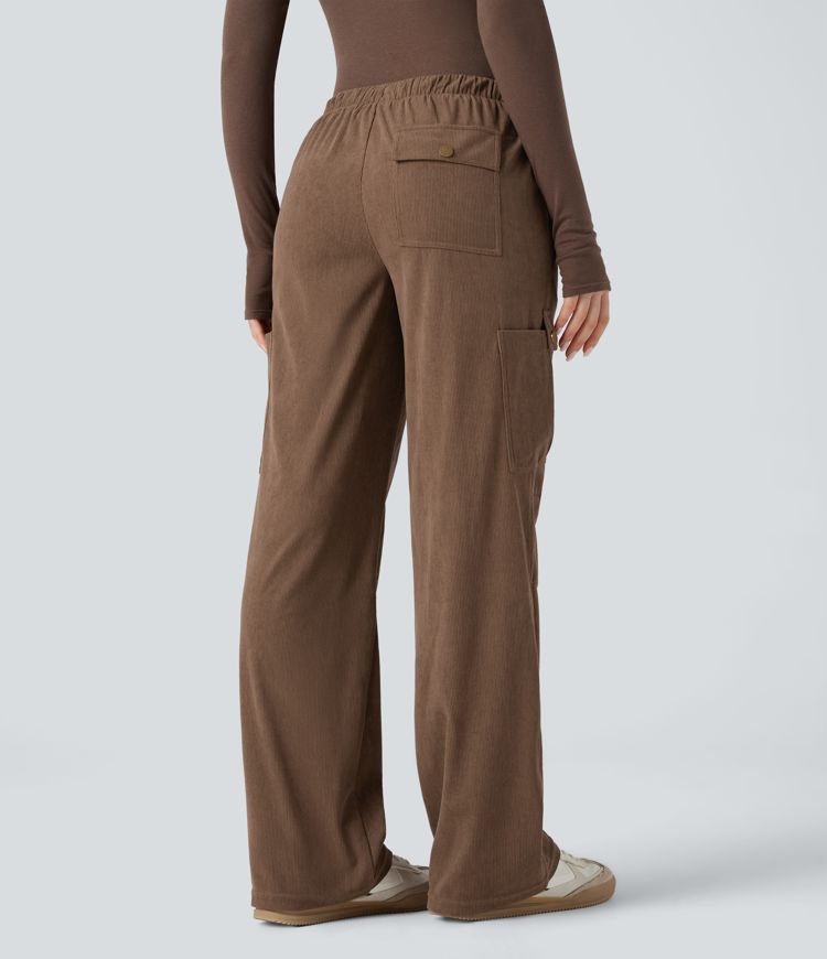 Mid Rise Drawstring Corduroy Casual Straight Leg Cargo Pants with Pockets