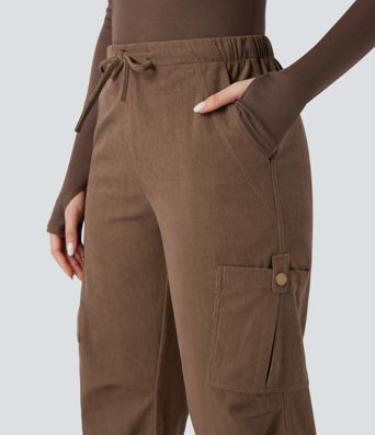 Mid Rise Drawstring Corduroy Casual Straight Leg Cargo Pants with Pockets