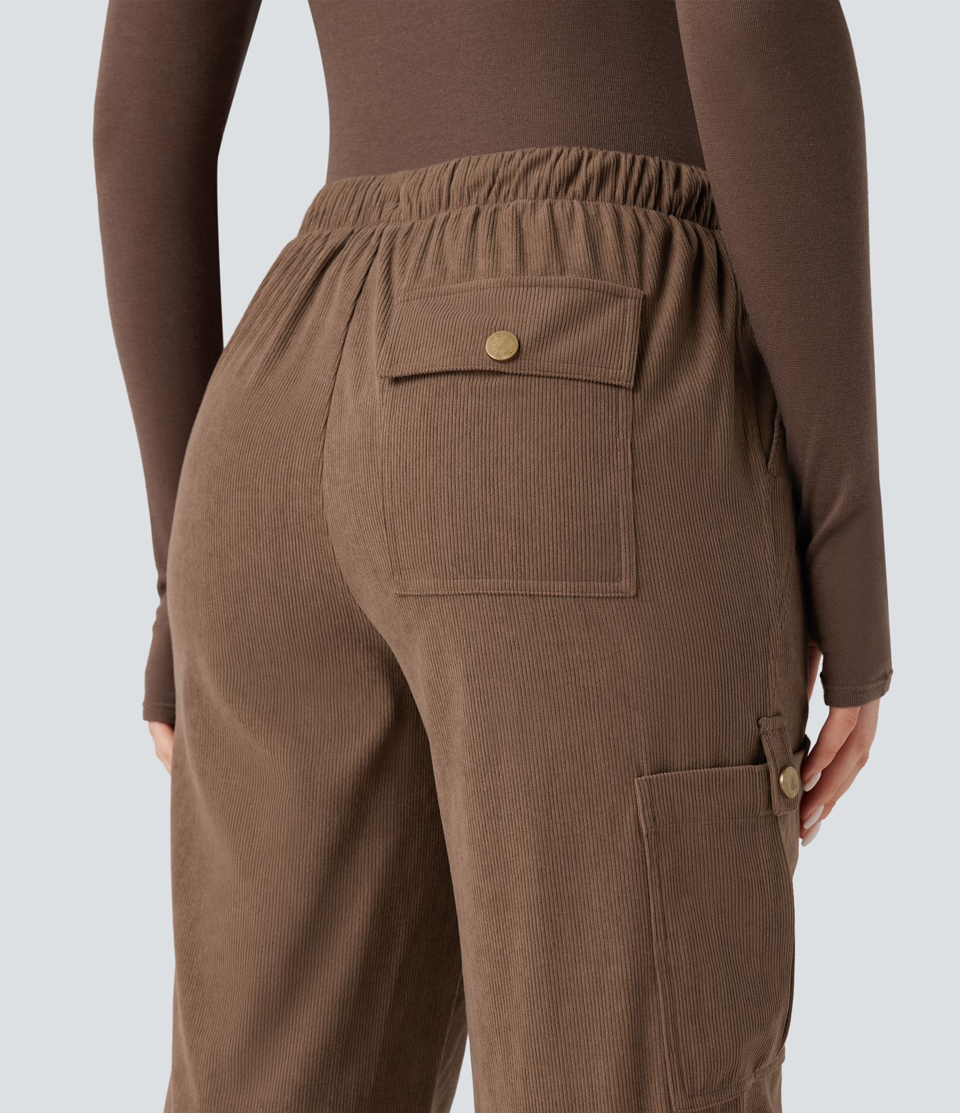 Mid Rise Drawstring Corduroy Casual Straight Leg Cargo Pants with Pockets