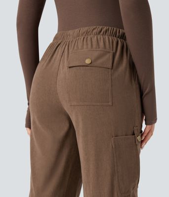 Mid Rise Drawstring Corduroy Casual Straight Leg Cargo Pants with Pockets