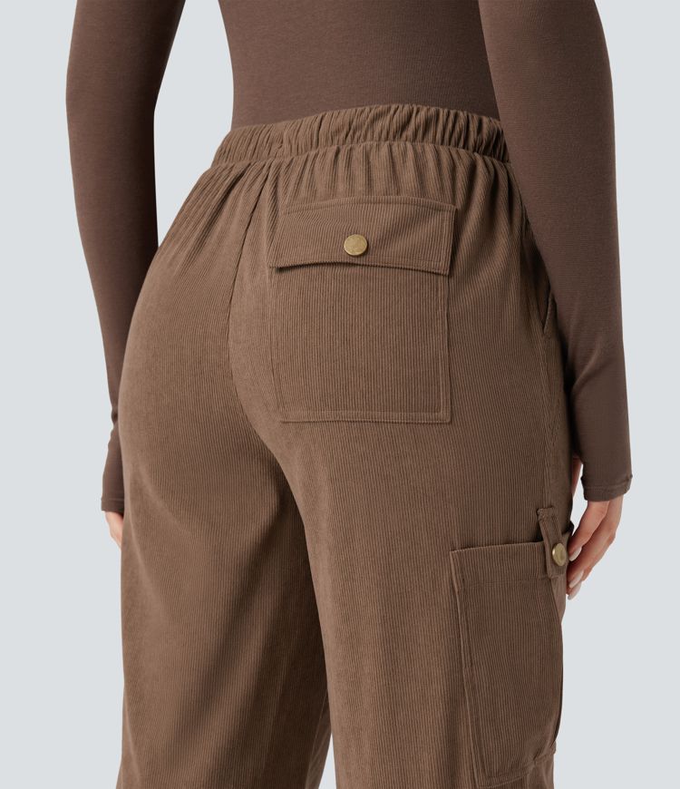 Mid Rise Drawstring Corduroy Casual Straight Leg Cargo Pants with Pockets