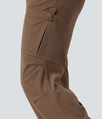 Mid Rise Drawstring Corduroy Casual Straight Leg Cargo Pants with Pockets