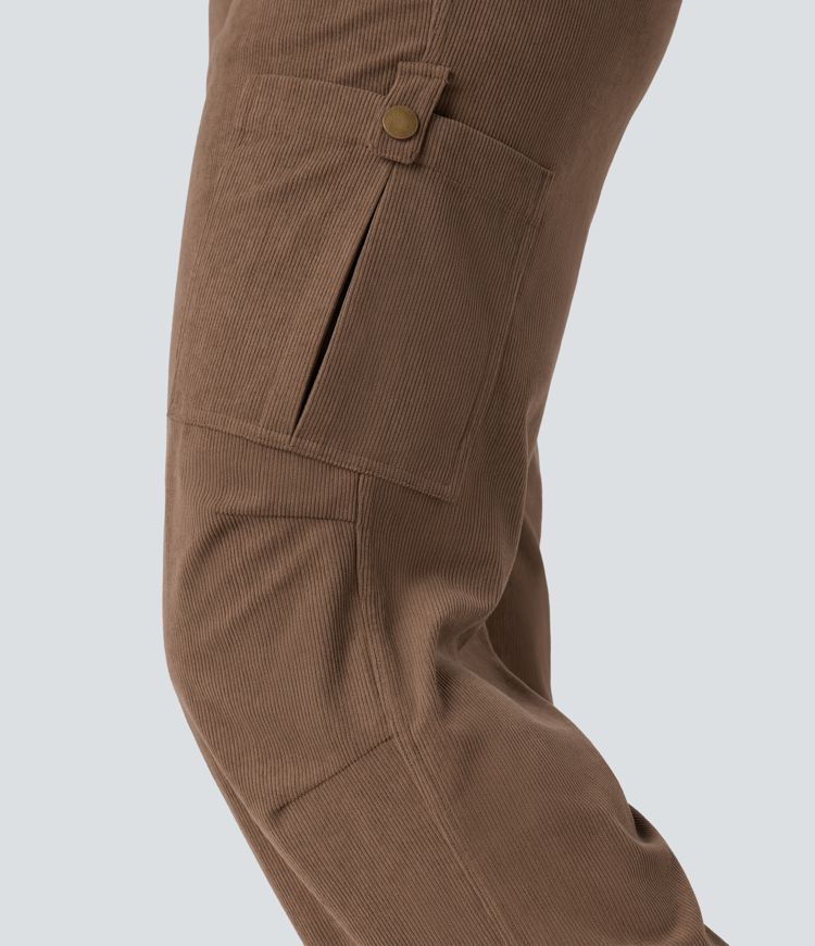Mid Rise Drawstring Corduroy Casual Straight Leg Cargo Pants with Pockets