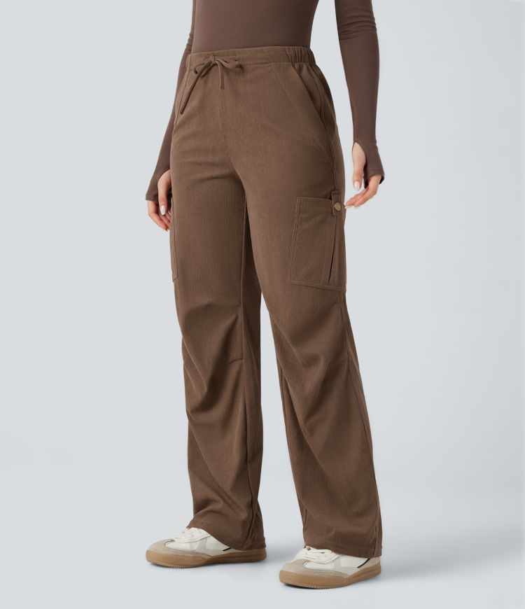 Mid Rise Drawstring Corduroy Casual Straight Leg Cargo Trousers with Pockets