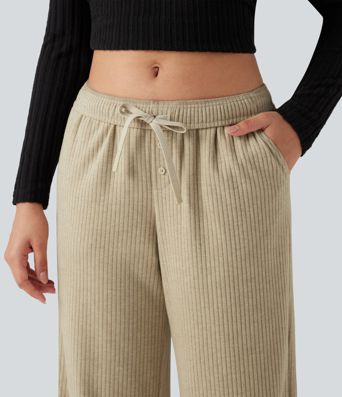Ribbed Knit Foldover Low Rise Drawstring Casual Wide Leg Pants with Pockets
