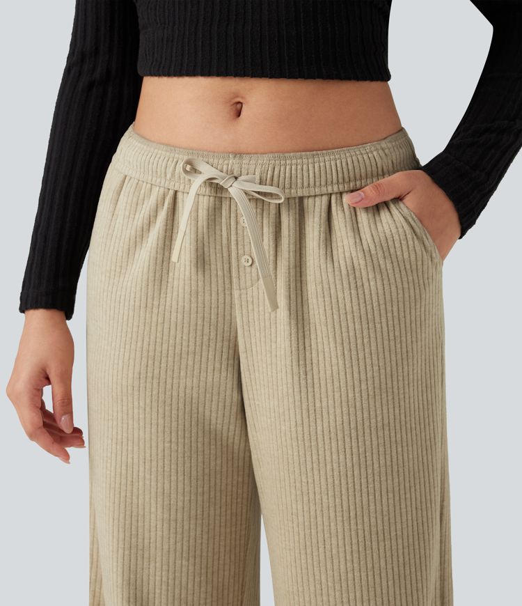 Ribbed Knit Foldover Low Rise Drawstring Casual Wide Leg Pants with Pockets