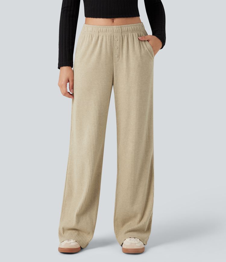 Fog Pantalon large décontracté en maille côtelée, taille basse, taille repliable avec cordon et poches / 1