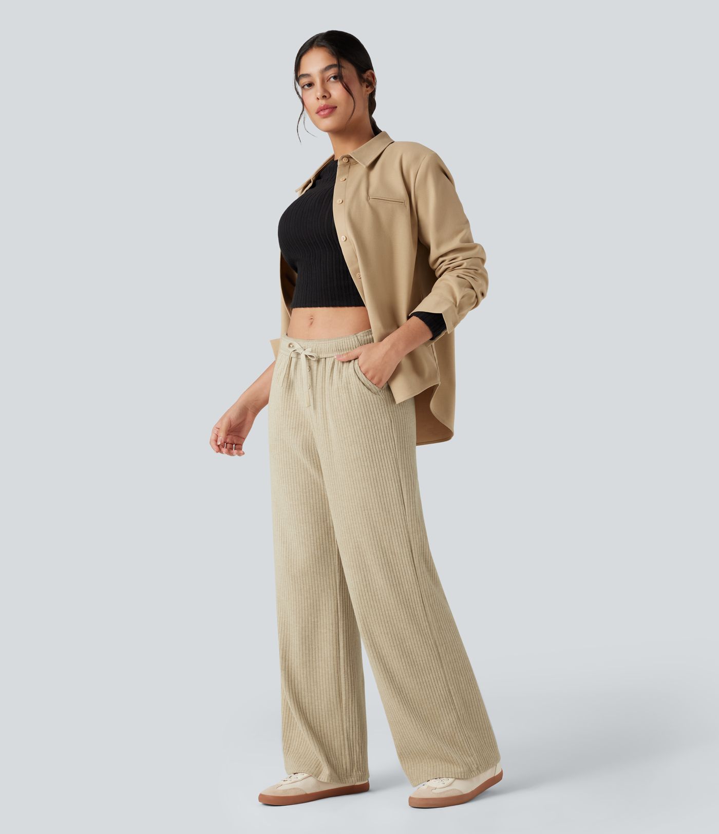 Ribbed Knit Foldover Low Rise Drawstring Casual Wide Leg Pants with Pockets