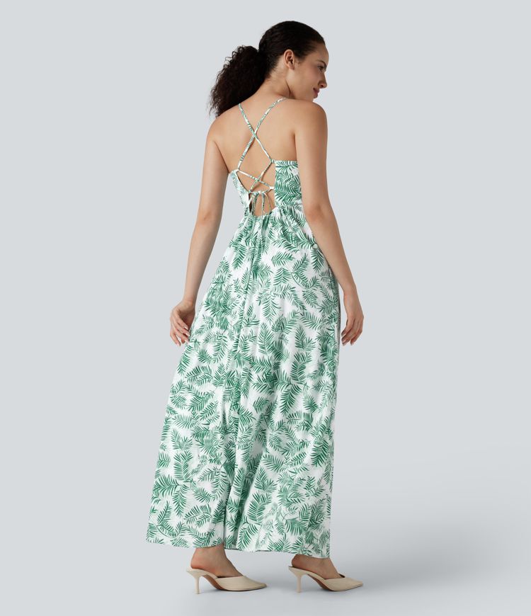 Lace-up Backless Floral Print Maxi Flowy Resort Slip Dress with Pockets
