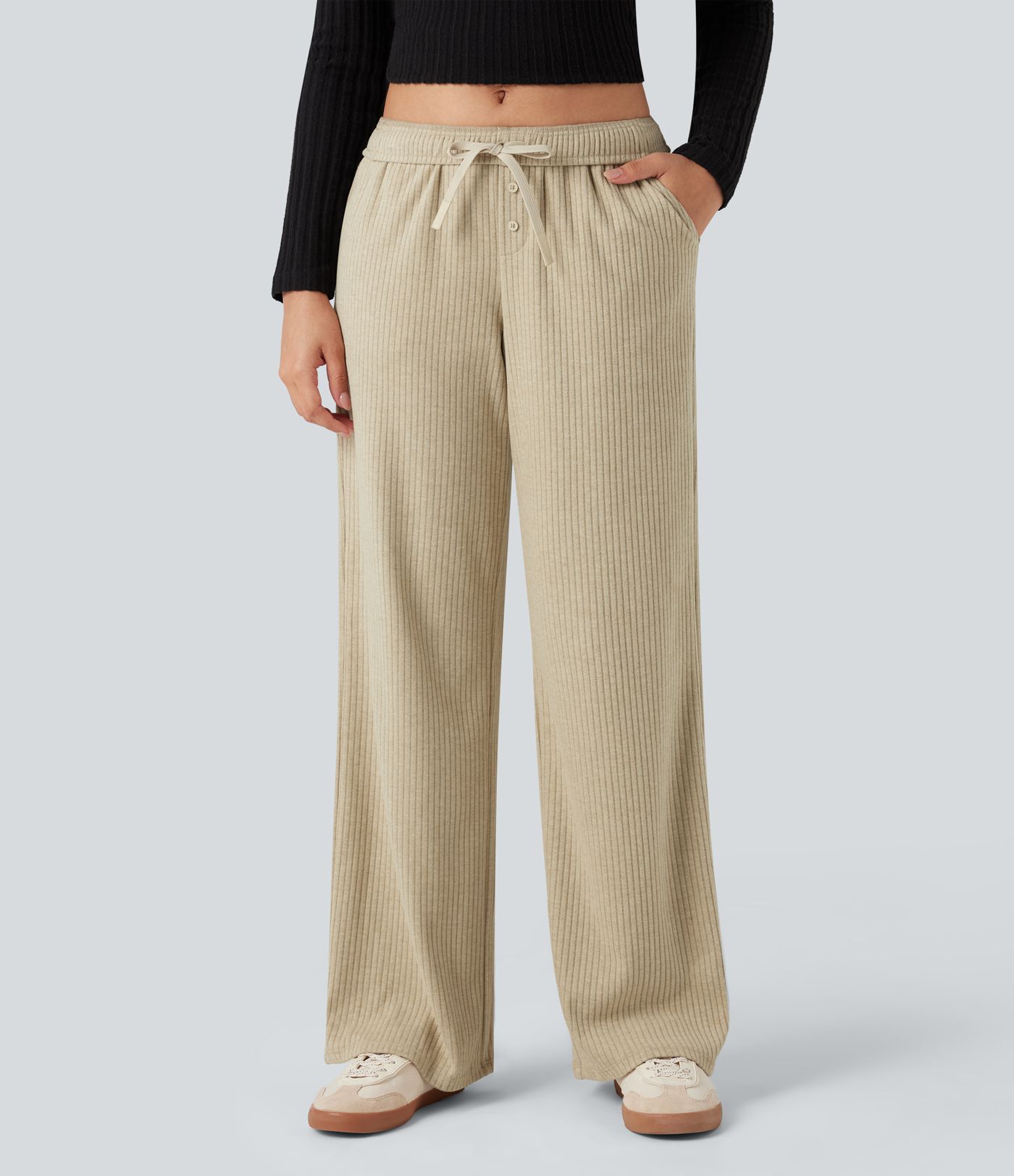 Ribbed Knit Foldover Low Rise Drawstring Casual Wide Leg Pants with Pockets