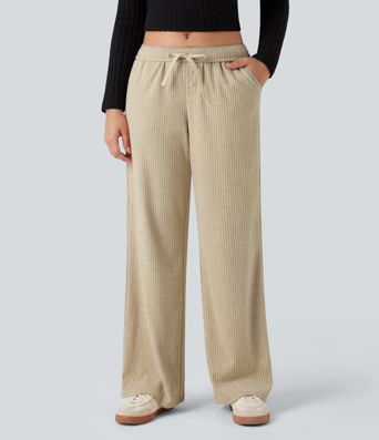 Ribbed Knit Foldover Low Rise Drawstring Casual Wide Leg Pants with Pockets