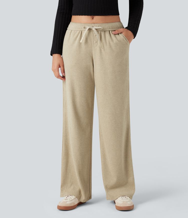 Ribbed Knit Foldover Low Rise Drawstring Casual Wide Leg Pants with Pockets