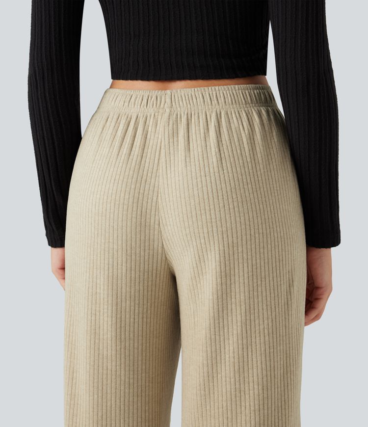 Ribbed Knit Foldover Low Rise Drawstring Casual Wide Leg Pants with Pockets