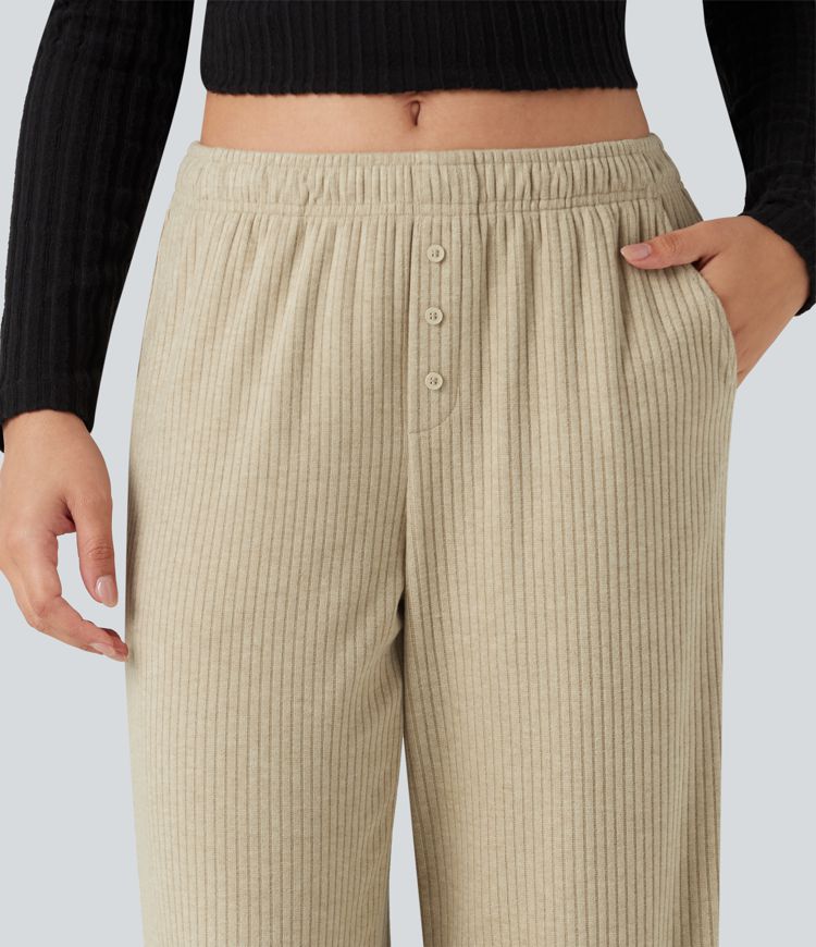 Ribbed Knit Foldover Low Rise Drawstring Casual Wide Leg Pants with Pockets