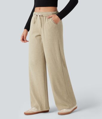 Ribbed Knit Foldover Low Rise Drawstring Casual Wide Leg Pants with Pockets