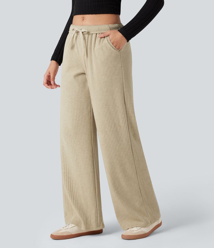 Ribbed Knit Foldover Low Rise Drawstring Casual Wide Leg Pants with Pockets