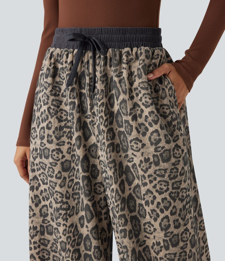 High Waisted Drawstring Leopard Print Casual Baggy Pants with Pockets