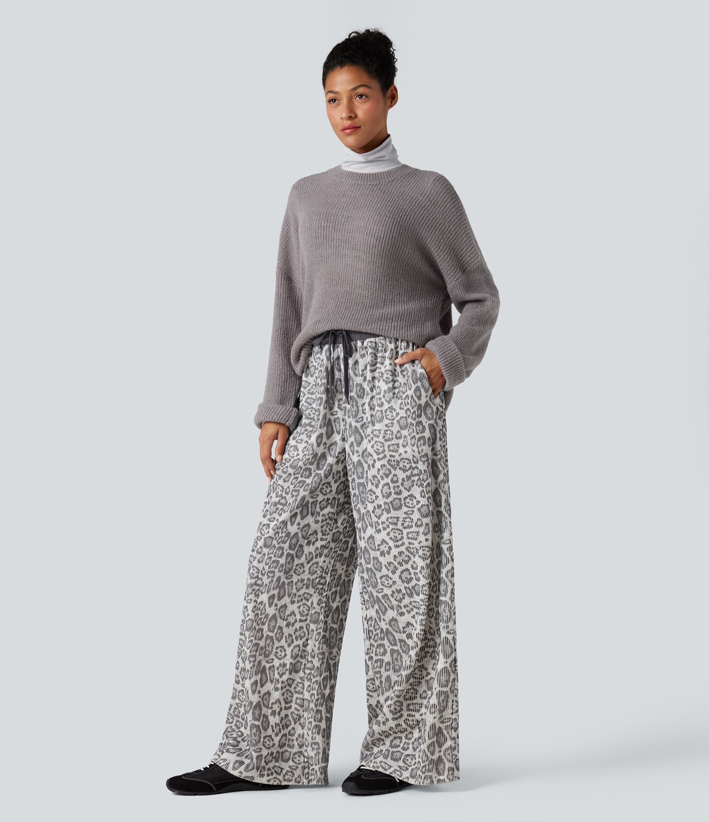 High Waisted Drawstring Leopard Print Casual Baggy Pants with Pockets