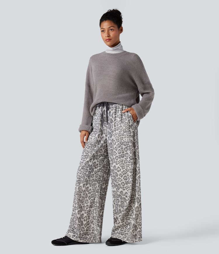 High Waisted Drawstring Leopard Print Casual Baggy Pants with Pockets