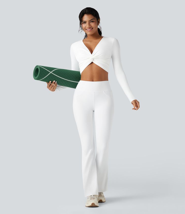 Softlyzero™ Plush - Kurzes Yoga-Sport-Top mit tiefem V-Ausschnitt, langen Ärmeln und gedrehtem Design