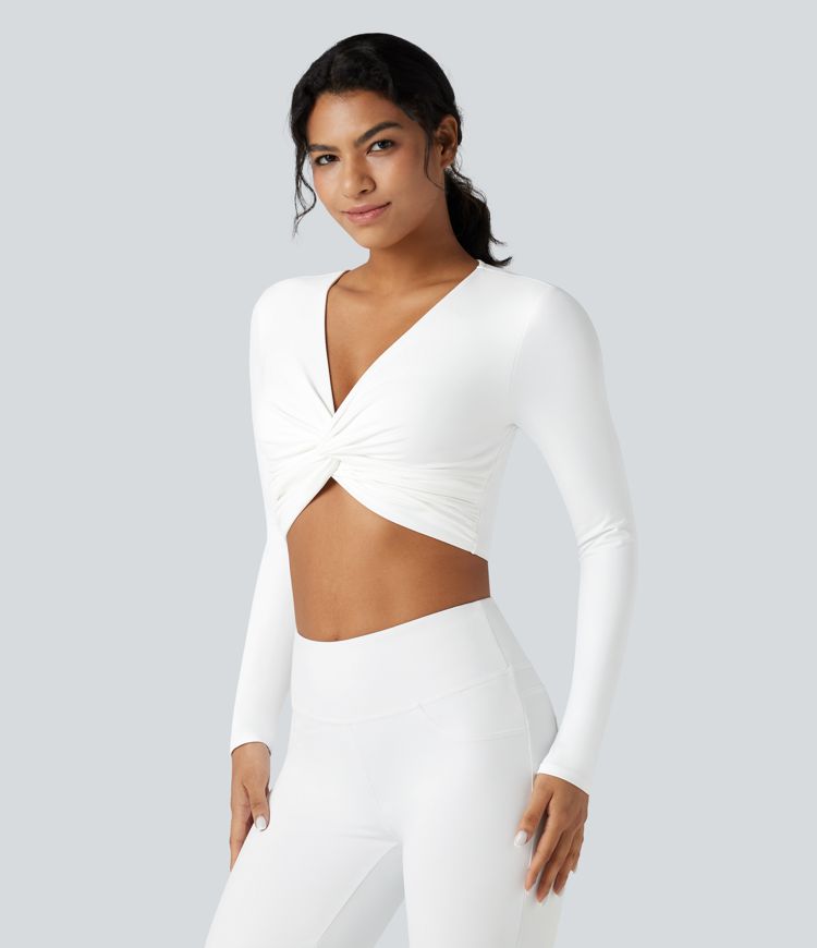 Softlyzero™ Plush - Kurzes Yoga-Sport-Top mit tiefem V-Ausschnitt, langen Ärmeln und gedrehtem Design