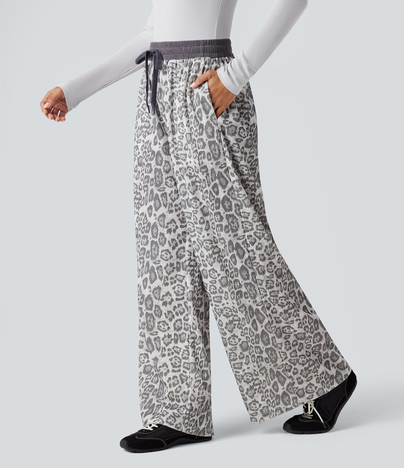High Waisted Drawstring Leopard Print Casual Baggy Pants with Pockets