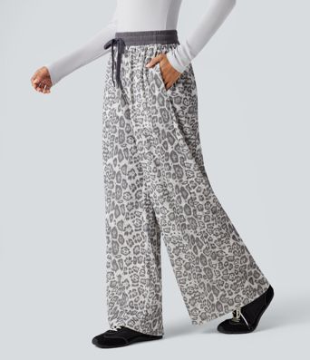 High Waisted Drawstring Leopard Print Casual Baggy Pants with Pockets