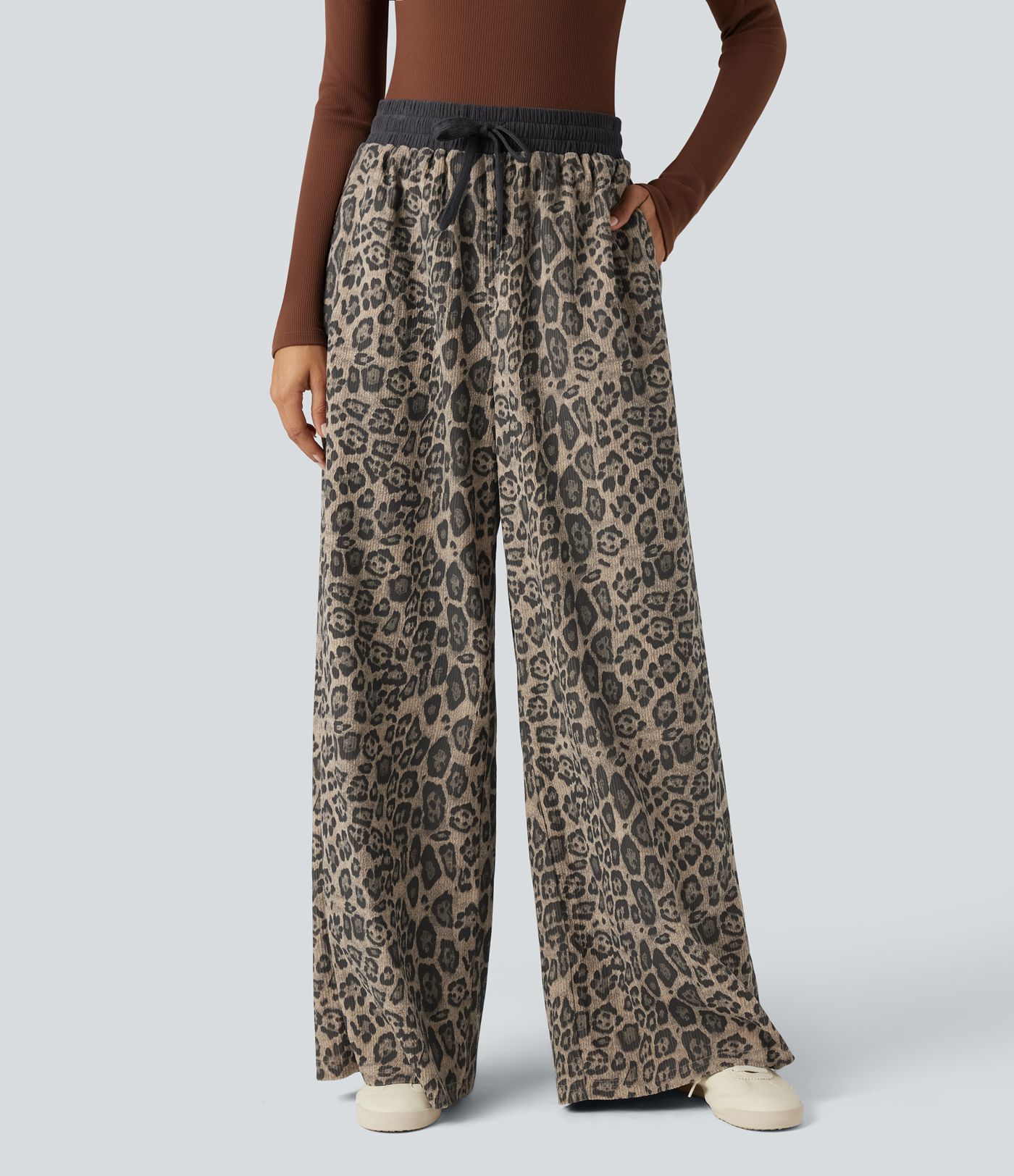 Pantalones holgados informales de cintura alta con cordón, estampado de leopardo y bolsillos