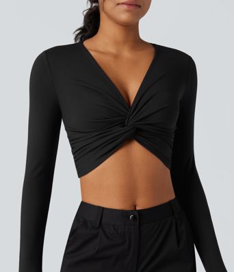 SoftlyZero™ Plush Deep V-neck Long Sleeve Twisted Cropped Yoga Sports Top