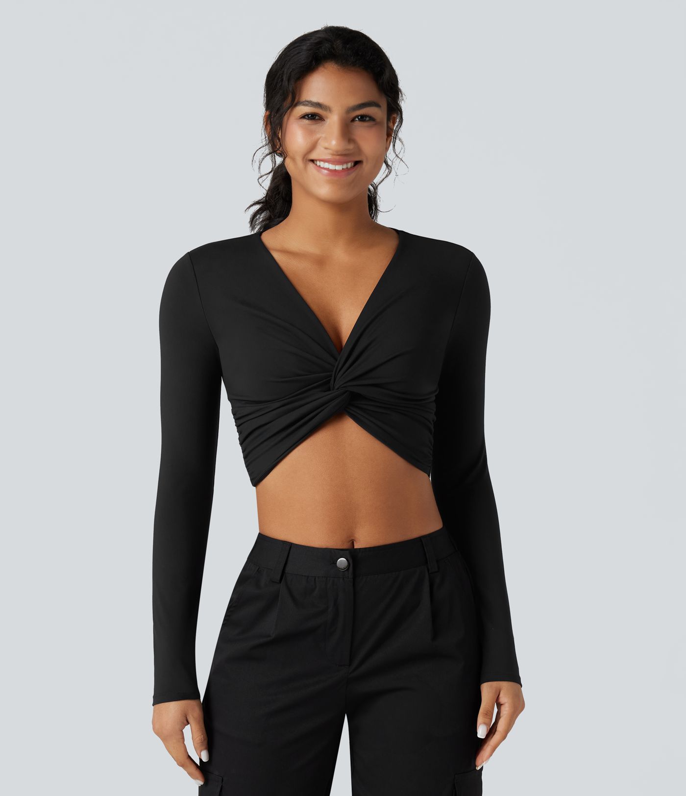 SoftlyZero™ Plush Deep V-neck Long Sleeve Twisted Cropped Yoga Sports Top