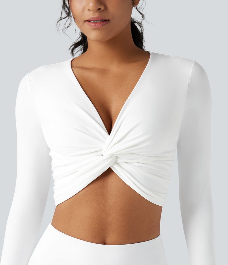 Softlyzero™ Plush - Kurzes Yoga-Sport-Top mit tiefem V-Ausschnitt, langen Ärmeln und gedrehtem Design