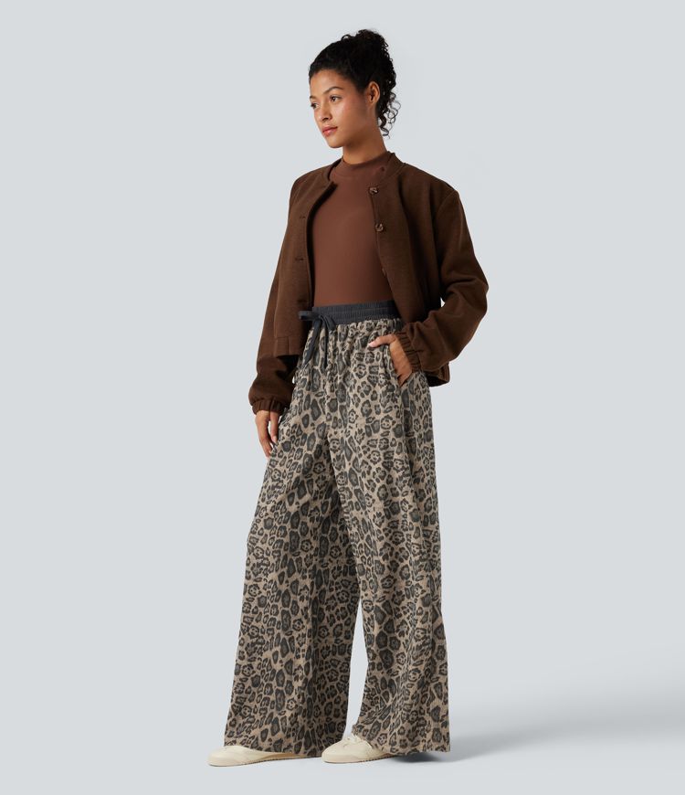 High Waisted Drawstring Leopard Print Casual Baggy Pants with Pockets