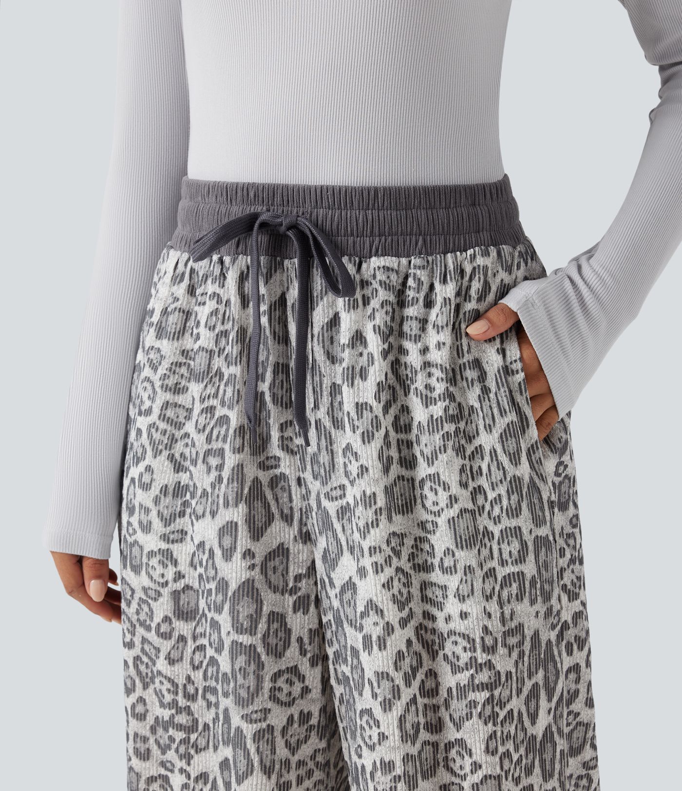 High Waisted Drawstring Leopard Print Casual Baggy Pants with Pockets