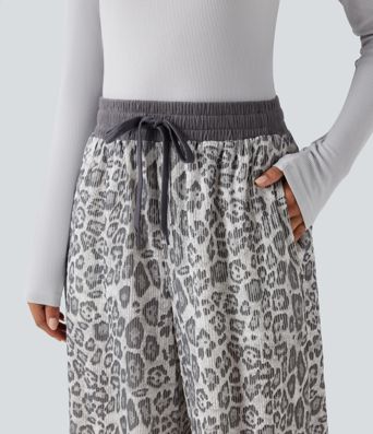 High Waisted Drawstring Leopard Print Casual Baggy Pants with Pockets