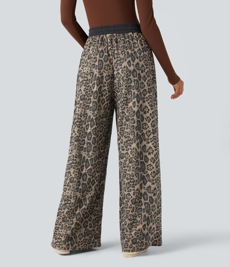 High Waisted Drawstring Leopard Print Casual Baggy Pants with Pockets