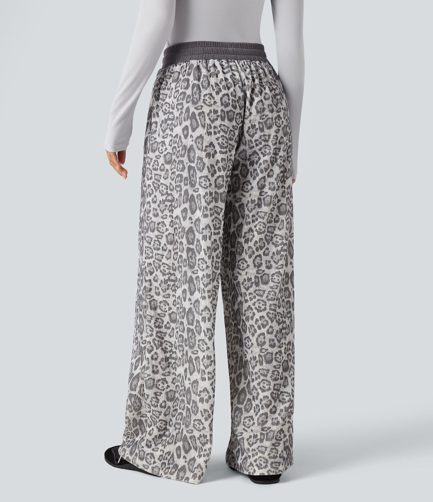 High Waisted Drawstring Leopard Print Casual Baggy Pants with Pockets