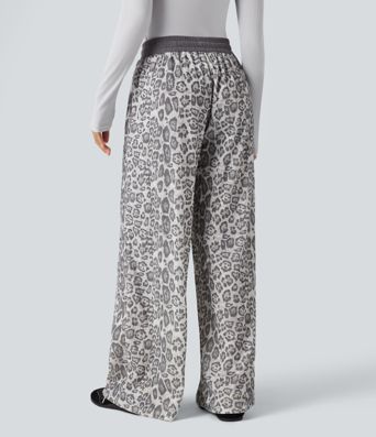 High Waisted Drawstring Leopard Print Casual Baggy Pants with Pockets