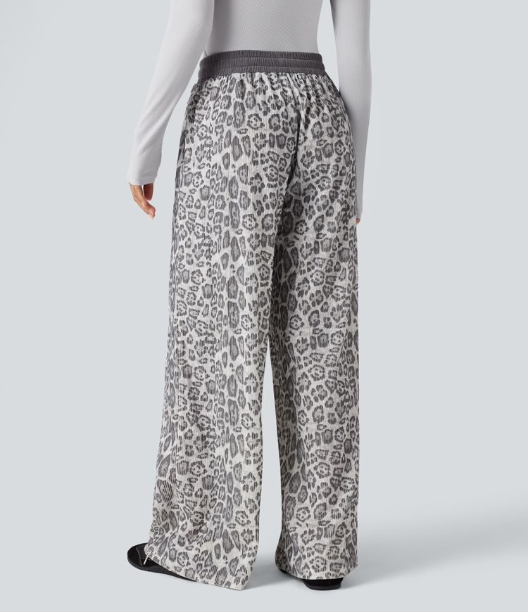 High Waisted Drawstring Leopard Print Casual Baggy Pants with Pockets